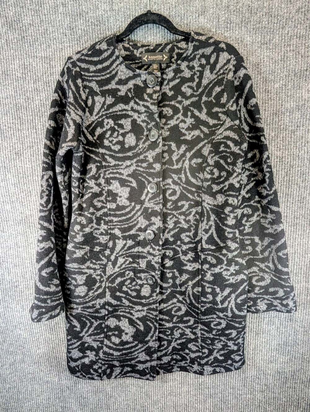 Nanette Lepore Black Gray Jacquard Knit Button Up Coat Jacket Size M